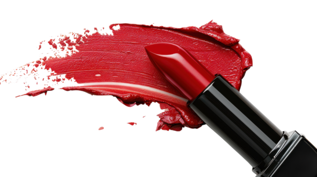A vibrant red lipstick beside a bold stroke of creamy red color on a clean white background.