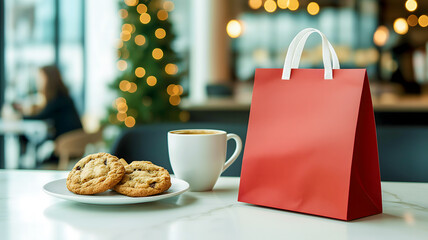 A warm cup of coffee sits beside a plate of cookies in a welcoming cafe adorned with holiday lights. The atmosphere is cozy and inviting, perfect for relaxing