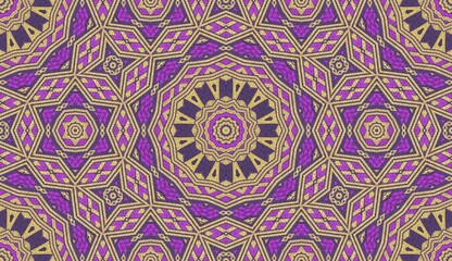 Seamless Geometric Mandala Pattern in Luxurious Gold and Purple.