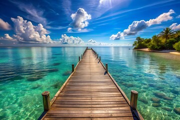 Fototapeta premium Scenic View From a Wooden Pier Stretching Into the Tranquil Sea on a Clear Sunny Day. Generative AI