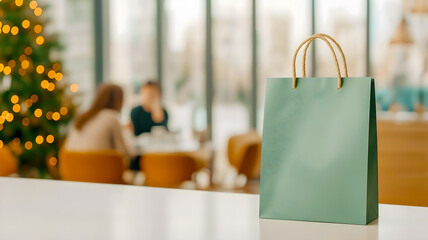 A green shopping bag sits on a table in a caf?, with blurred figures in conversation and a decorated tree in the background, capturing a festive atmosphere