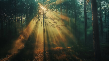 Fototapeta premium Pine forest with sunlight and a mystical forest natural background.