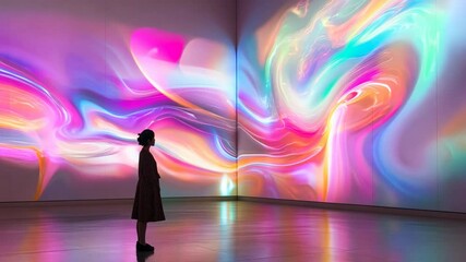 Woman Immersed in Colorful Abstract Digital Art Projection at Modern Art Gallery - Powered by Adobe