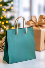 A green gift bag stands near a beautifully wrapped present adorned with a bow. Soft warm lights twinkle in the background, creating a festive atmosphere perfect for celebrations