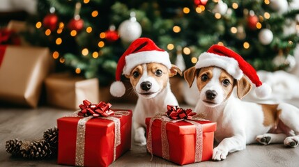 Two festive puppies with Santa hats beside Christmas presents.