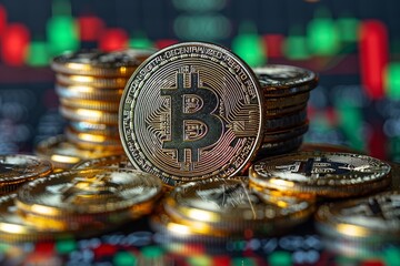 Close up of bitcoin btc coin against dark cryptocurrency trading chart with green and red colors