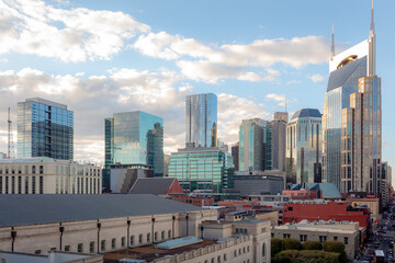 Downtown Nashville city skyline building view. Photo taken in Nashville Tennessee during a cloudy day