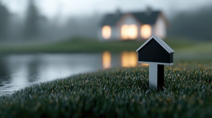 small black house-shaped signpost on a grassy field with a lake in the background. The house is lit up with warm orange and yellow lights, creating a peaceful and serene atmosphere.
