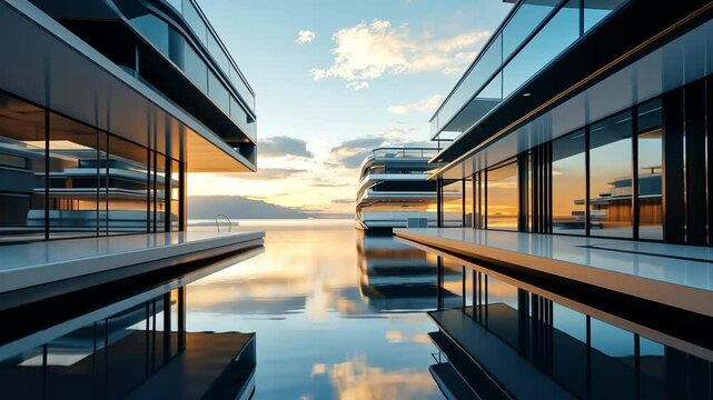 Stunning Sunset Reflection of Modern Architectural Marvels by the Water in a Tranquil Setting