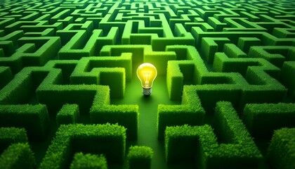 A glowing lightbulb at the center of a sprawling green maze it depicts an idea or solution within a difficult problem