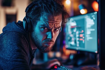 Focused Gamer in Dimly Lit Room with Computer Setup and Headphones