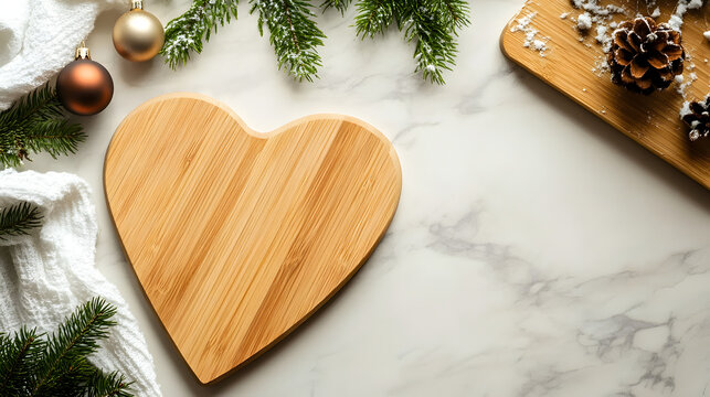 Heart-Shaped Bamboo Cutting Board with Christmas Decorations on Marble Background