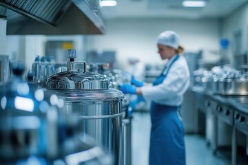 Food-safe sanitizing equipment in a commercial kitchen, with workers performing routine cleaning tasks