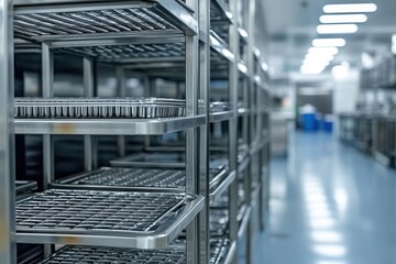 Fototapeta premium Disinfecting food storage racks in a large commercial kitchen, reducing contamination risks
