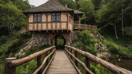 Picturesque wooden cottage nestled in a lush forest, accessed via a rustic wooden bridge.