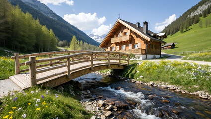 Scenic wooden bridge over a clear stream next to a charming cottage in a mountainous landscape