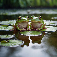 睡蓮の上で寄り添う仲良しのカエルたち
