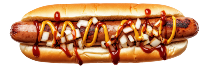 A hot dog with mustard, ketchup, and diced onions on a bun