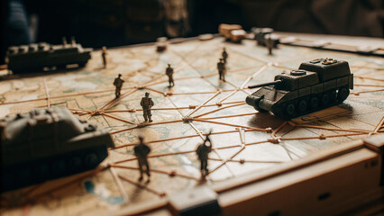 strategic board game with miniature tanks and soldiers on map, showcasing coordinated troop deployment. scene is set for tactical battle simulation