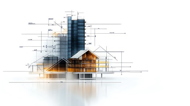 A breathtaking fusion of architectural blueprints and realistic urban visuals, showcasing the structural elegance and complexity of a skyscraper in progress 