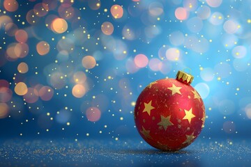 Red Christmas ball decorated golden stars on blurred blue background with gold lights. New year decoration, festive atmosphere concept. Merry Christmas. Banner with copy space for winter holidays