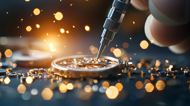 watchmaker works meticulously under focused light, assembling intricate watch components with precision. scene is illuminated by warm, glowing sparks, highlighting delicate craftsmanship