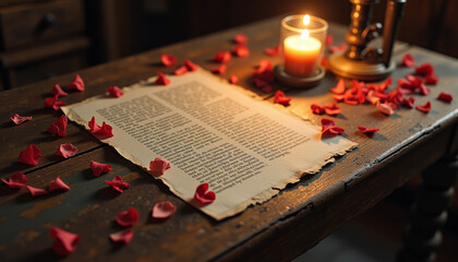 A faded obituary on a wooden table surrounded by rose petals and a candle creating a reflective atmosphere