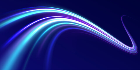 High-speed light trails effect. Futuristic dynamic motion technology. Png, neon, line, blur, beam, ray, abstract, energy. Neon color glowing lines background. Glowing wave swirl, impulse cable lines. 