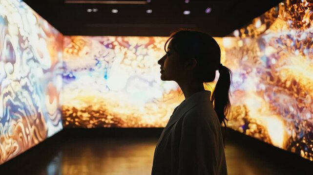 Woman Immersed in Colorful Digital Art on Large Screens in a Dark Room - Powered by Adobe