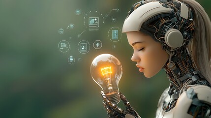 A close-up of an AI robot holding a glowing light bulb, with neon growth graphs and floating AI icons in the background, symbolizing innovation, progress, and technology-powered solutions. Ultra-Reali