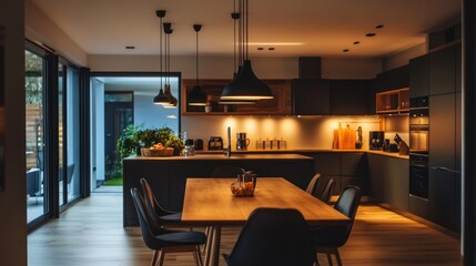 Interior of modern open plan kitchen with dining table and glowing lamps