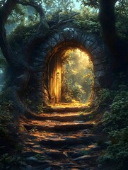 Fototapeta premium A surreal decorated gateway to the past opening to light sweet memories