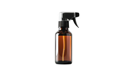 Empty amber glass spray bottle with black nozzle displayed on a plain background in a well-lit environment.