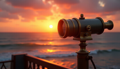 Classic nautical spyglass at sunset overlooking the ocean representing adventure and beauty