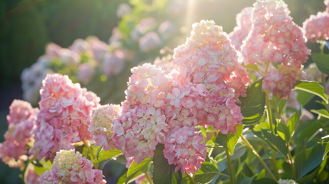Pink hydrangea in sunlight with a modern cone-shaped flower head, Hydrangea paniculata.
