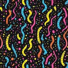 Intricate and vibrant doodle patterns in psychedelic style on black background