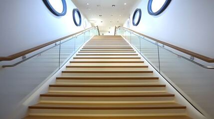 Fototapeta premium A modern staircase leads upward, featuring circular windows and a sleek design.