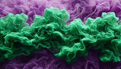 Vibrant purple and green smoke swirling creates a mesmerizing and abstract artistic effect, perfect for creative designs and digital backgrounds.