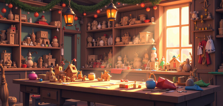Bright and cozy Santa's workshop filled with handmade wooden toys and holiday decorations