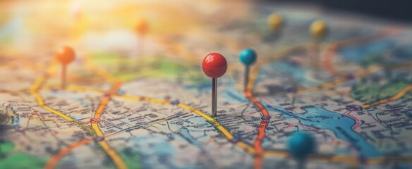 Location marking with a pin on a map with routes. Find your way. Adventure, discovery, navigation, communication, logistics, geography, transport and travel theme concept background.