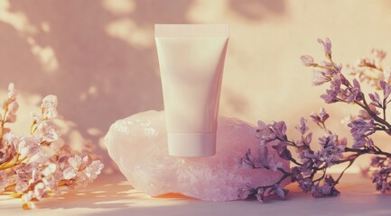 A mockup of an unbranded light plastic tube of face cream, sitting on top of a quartz with flower