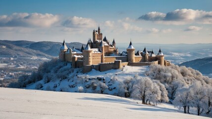 Here's a possible  and keyword list for your image.. Majestic winter castle on snow-covered hilltop.