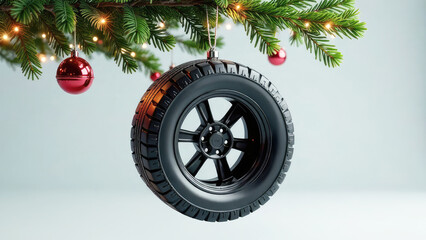 Toy in the form of car tire hanging on spruce branches with lights and New Year decor on gray background. Car service banner