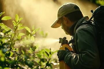 Naklejka premium Spraying Insecticide in a Garden Setting