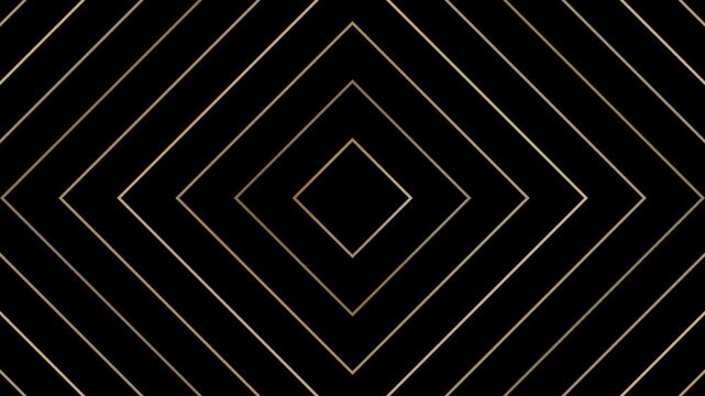 Fine gold lines forming outlined diamonds on a black background, expanding outward like a kaleidoscope. Thin, elegant visuals create a mesmerizing effect with concentric shapes. 4K Motion Graphics.