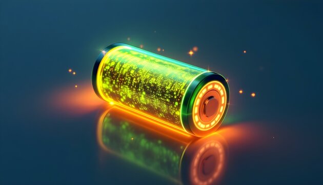 A glowing green power neon futuristic energy storage with high capacity rechargeable lithium ion battery