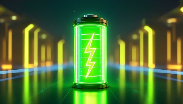 A glowing green power neon futuristic energy storage with high capacity rechargeable lithium ion battery