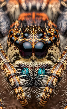 A close-up of a spider's eye, highlighting its intricate details and natural textures, The glossy eye reflects its surroundings, surrounded by fine bristles and the dark, shiny exoskeleton