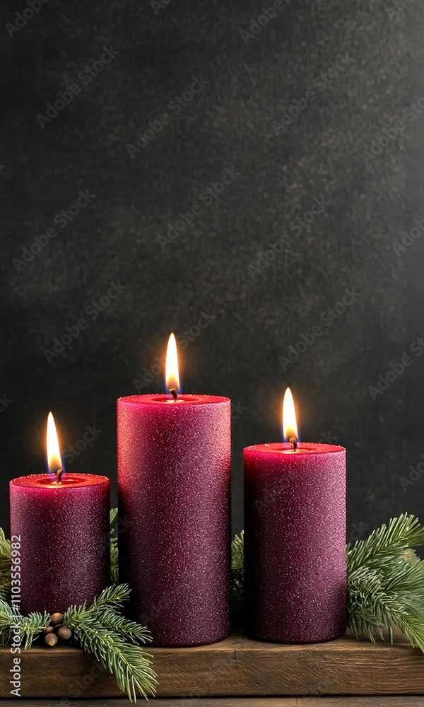 Wall mural Three purple candles glow warmly, surrounded by pine branches, creating a welcoming atmosphere perfect for the holiday season