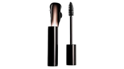 A classic black mascara tube with wand resting beside it against a white background, showcasing beauty essentials for daily makeup routines.